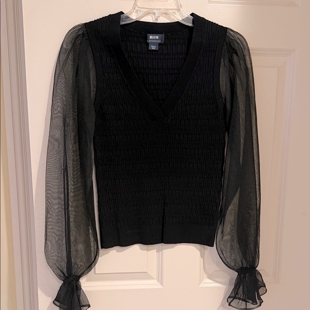 Anthropologie Maeve Black V-Neck Sweater with Sheer Sleeves
